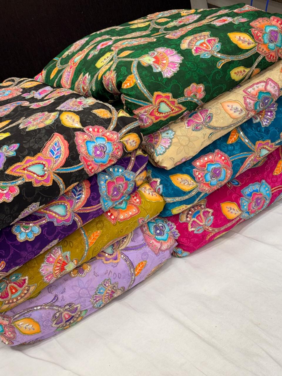 Luxury Natural Crepe Position Print Fabric with All-Over Zardosi, Jari, Chapat & 3mm