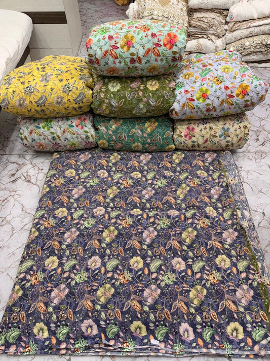 Luxury Natural Crepe Position Print Fabric with All-Over Zardosi, Jari, Chapat & 3mm Sequence Work | Premium Designer Fabric for Lehenga & Suits