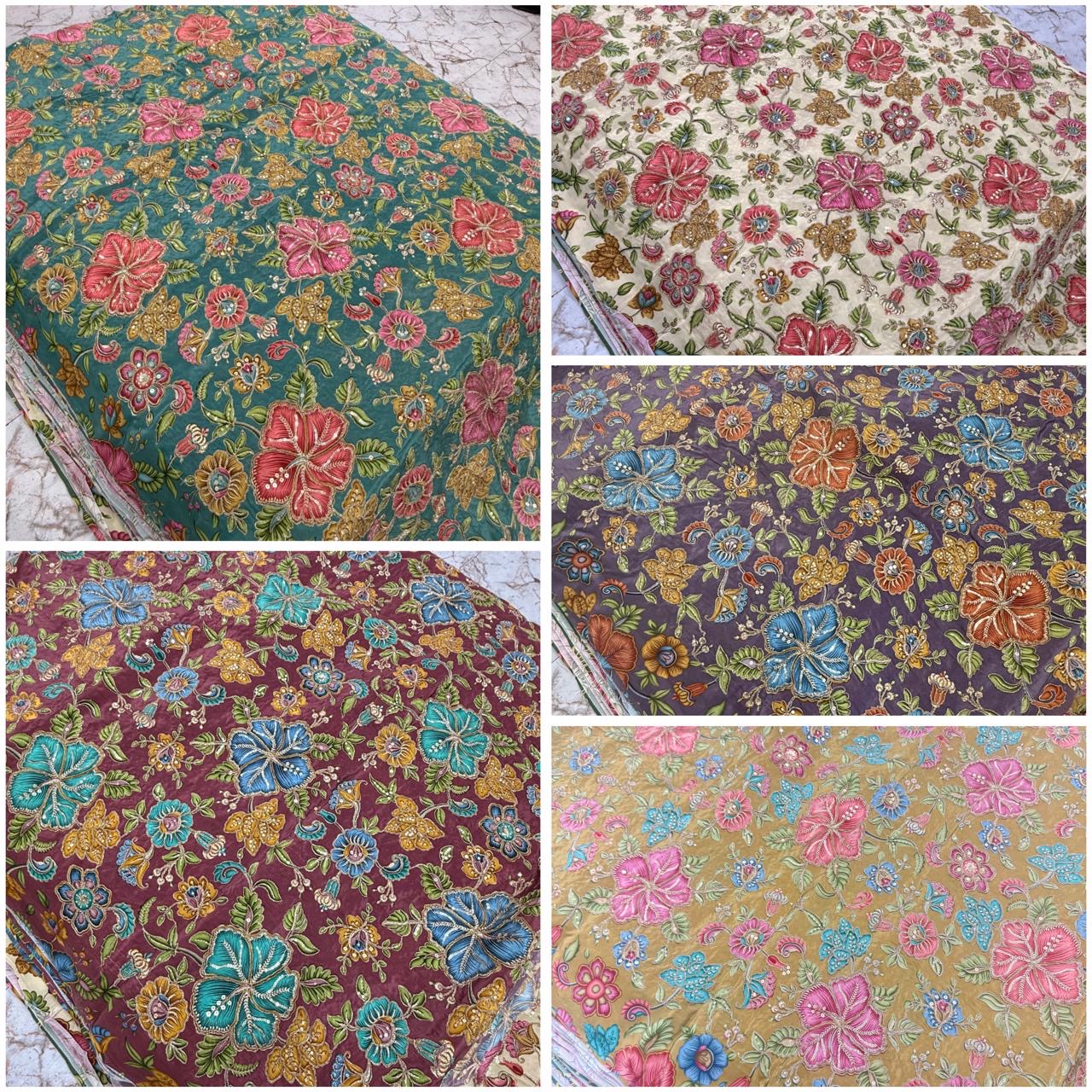 Luxury Natural Crepe Position Print Fabric with All-Over Zardosi, Jari, Chapat & 3mm Sequence Work | Premium Designer Fabric for Lehenga & Suits