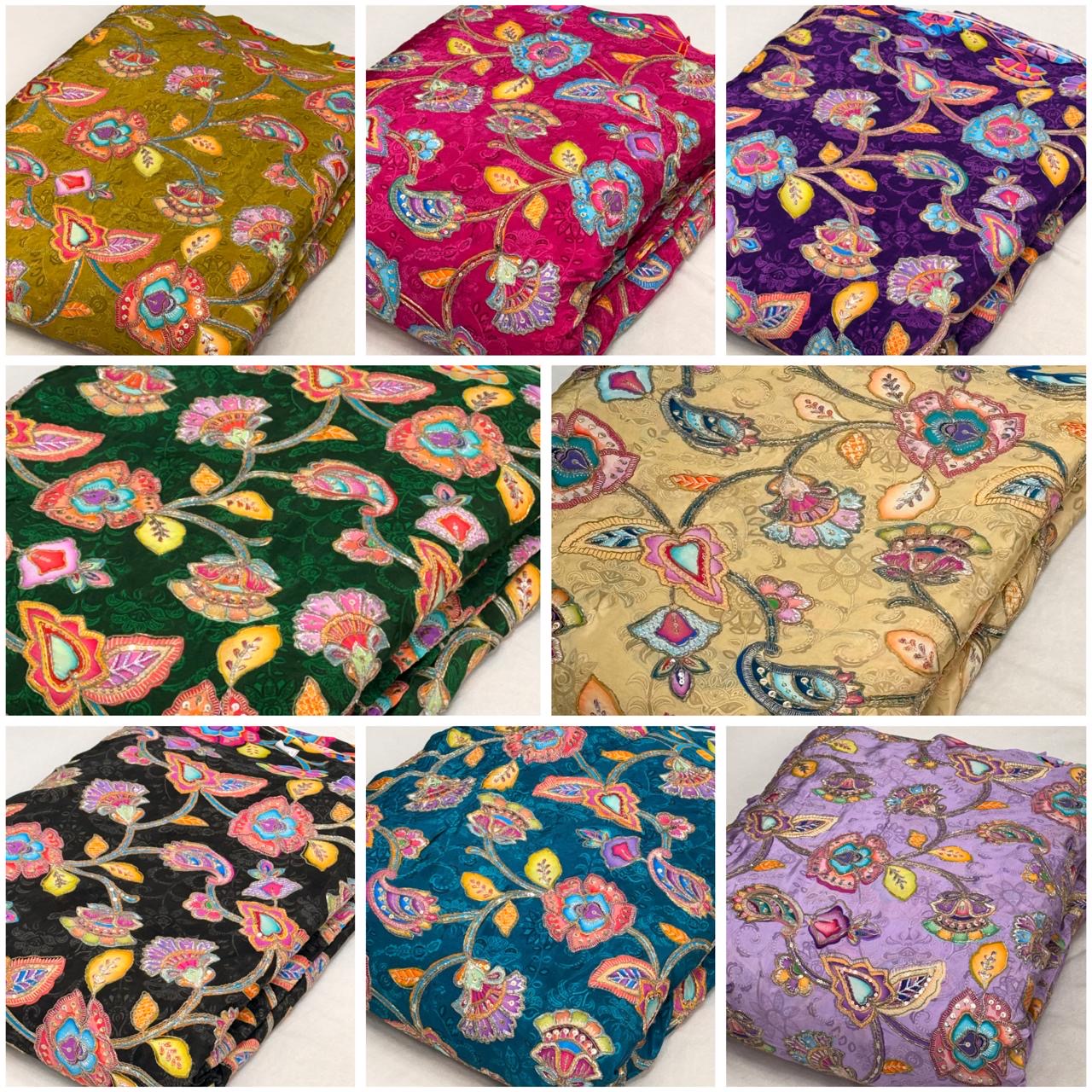 Luxury Natural Crepe Position Print Fabric with All-Over Zardosi, Jari, Chapat & 3mm