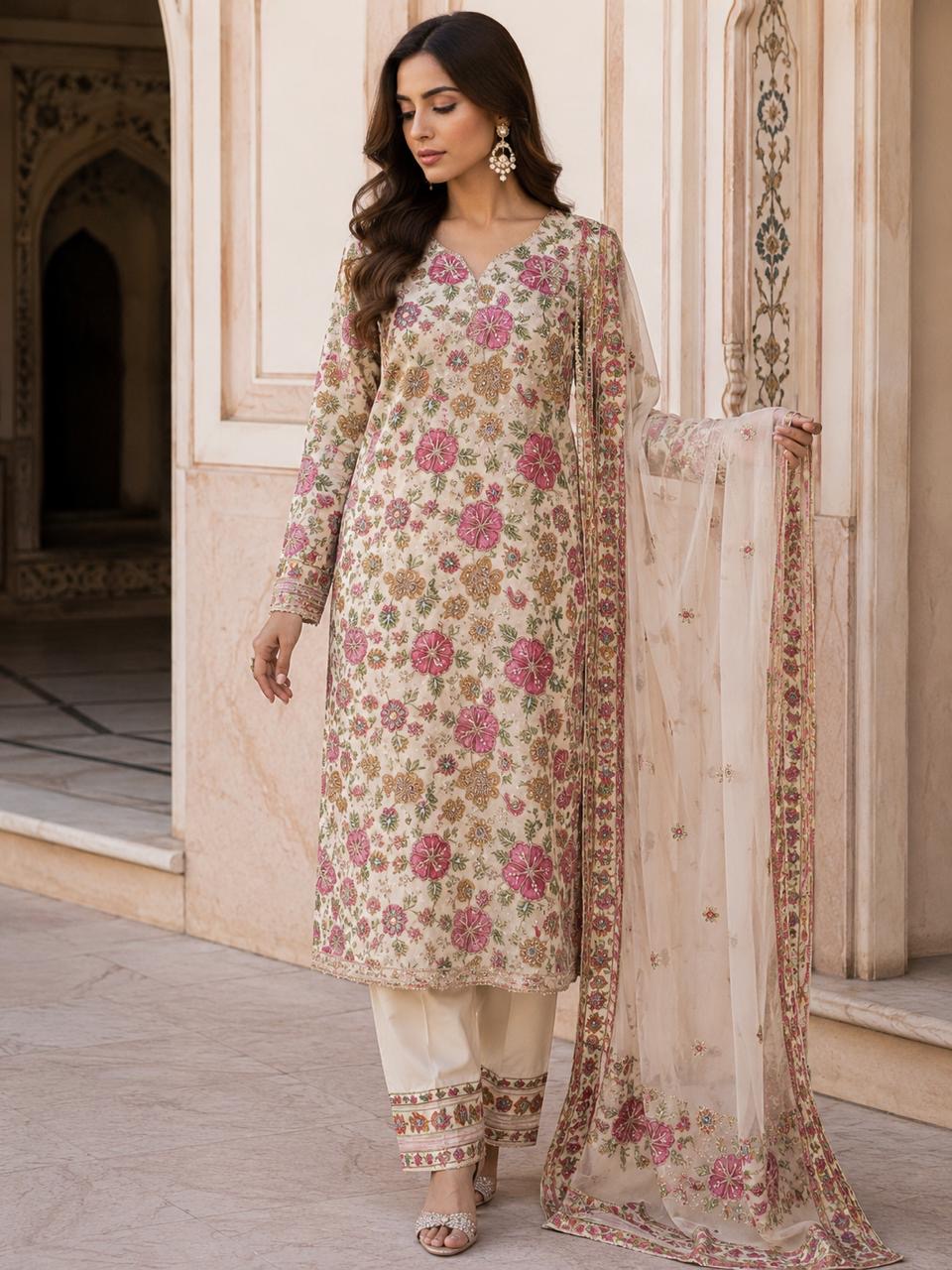 Luxury Natural Crepe Position Print Fabric with All-Over Zardosi, Jari, Chapat & 3mm Sequence Work | Premium Designer Fabric for Lehenga & Suits