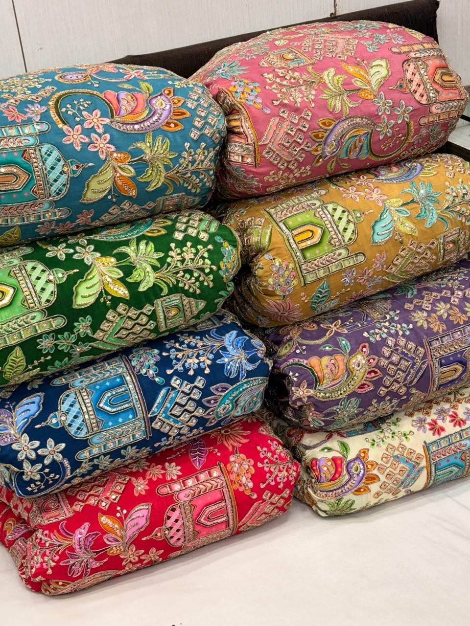 Luxury Natural Crepe Position Print Fabric with All-Over Zardosi, Jari, Chapat & 3mm
