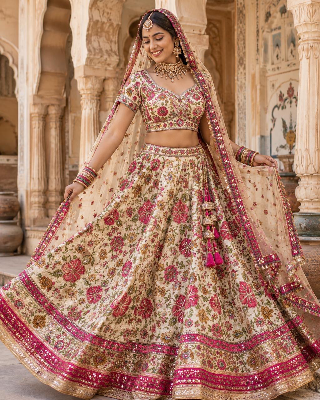 Luxury Natural Crepe Position Print Fabric with All-Over Zardosi, Jari, Chapat & 3mm Sequence Work | Premium Designer Fabric for Lehenga & Suits