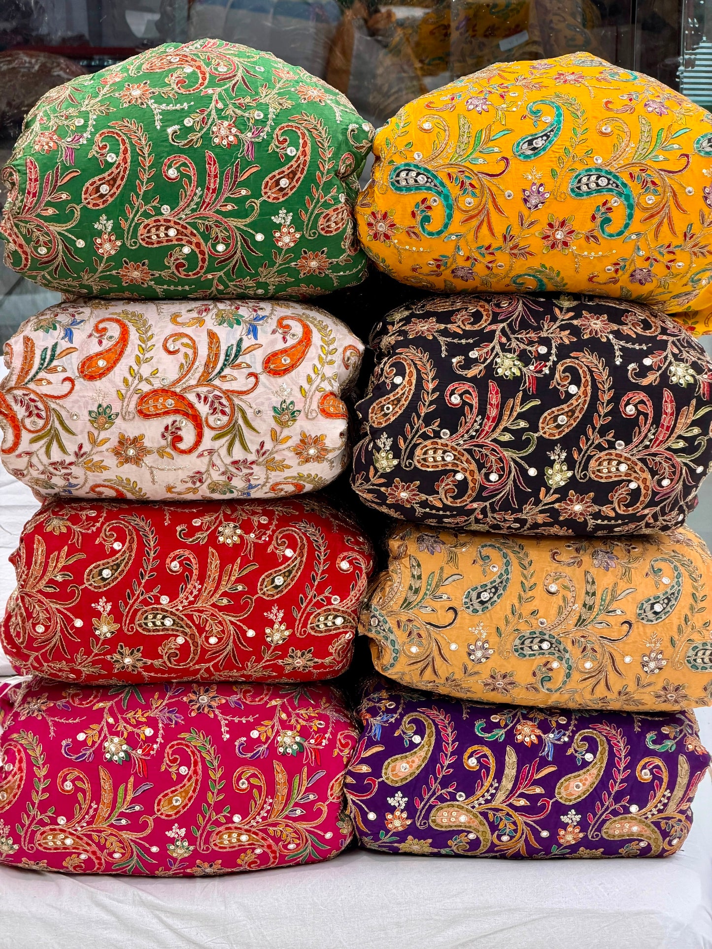Luxury Natural Crepe Position Print Fabric with All-Over Zardosi, Jari, Chapat & 3mm