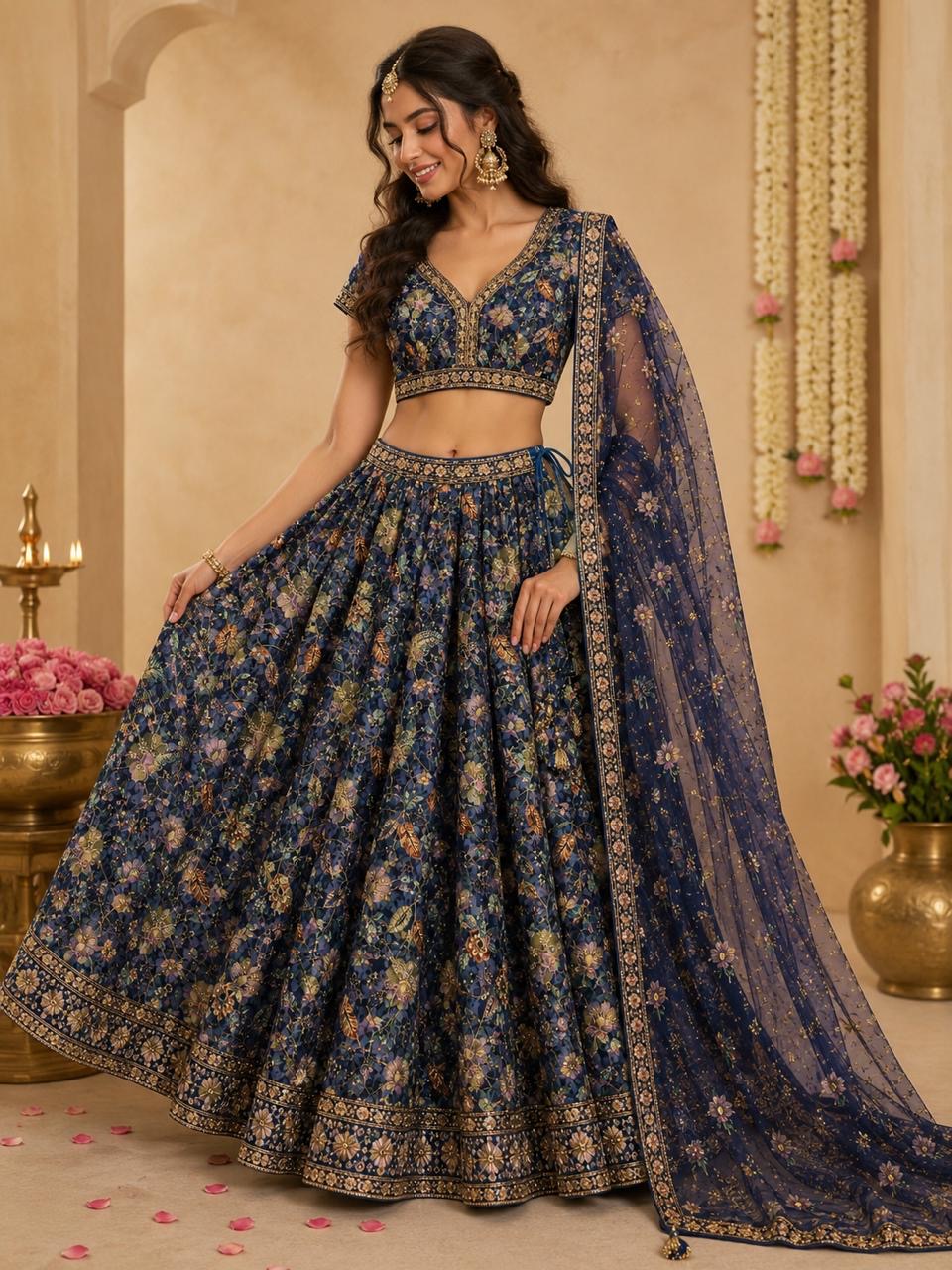 Luxury Natural Crepe Position Print Fabric with All-Over Zardosi, Jari, Chapat & 3mm Sequence Work | Premium Designer Fabric for Lehenga & Suits