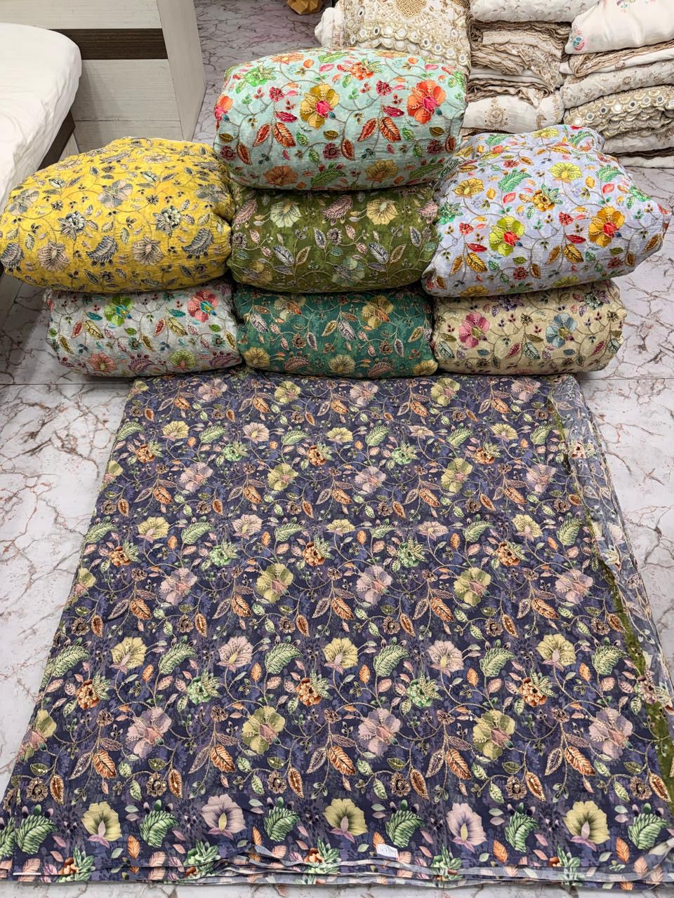 Luxury Natural Crepe Position Print Fabric with All-Over Zardosi, Jari, Chapat & 3mm Sequence Work | Premium Designer Fabric for Lehenga & Suits